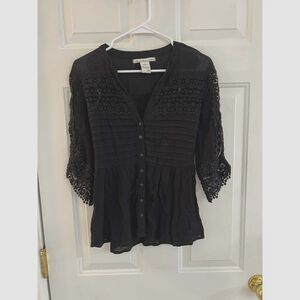 American Rag Cie M Black Boho Blouse Floral Crochet Lace Button Whimsigoth